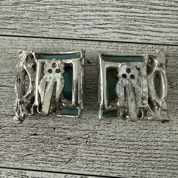 Vintage Clip On Earrings Blue Confetti Lucite Rectangle Silver Tone - Picture 4 of 5